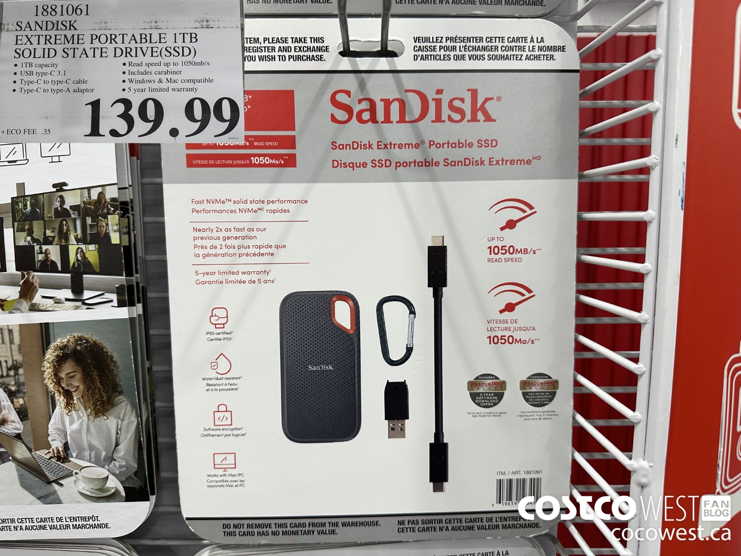 1881061 SANDISK EXTREME PORTABLE 1TB SOLID STATE DRIVE(SSD) $139.99