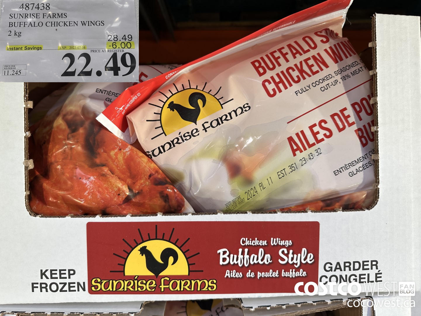 487438 SUNRISE FARMS BUFFALO CHICKEN WINGS 2 kg ($6.00 INSTANT SAVINGS EXPIRES ON 2023-07-16) $22.49