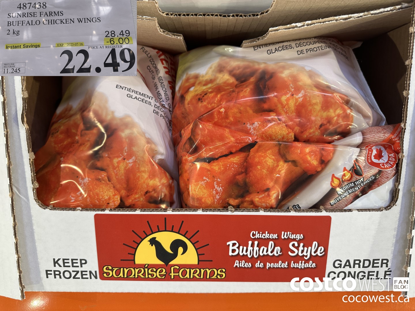487438 SUNRISE FARMS BUFFALO CHICKEN WINGS 2 kg ($6.00 INSTANT SAVINGS EXPIRES ON 2023-07-16) $22.49