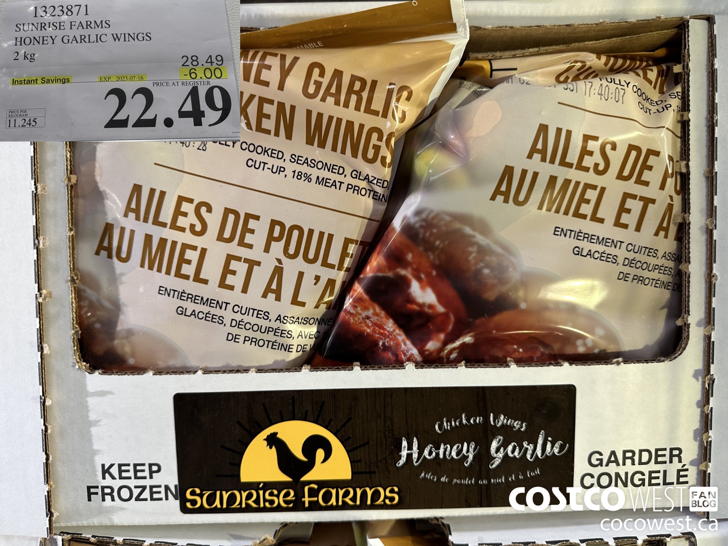 1323871 SUNRISE FARMS HONEY GARLIC WINGS 2 kg ($6.00 INSTANT SAVINGS EXPIRES ON 2023-07-16) $22.49