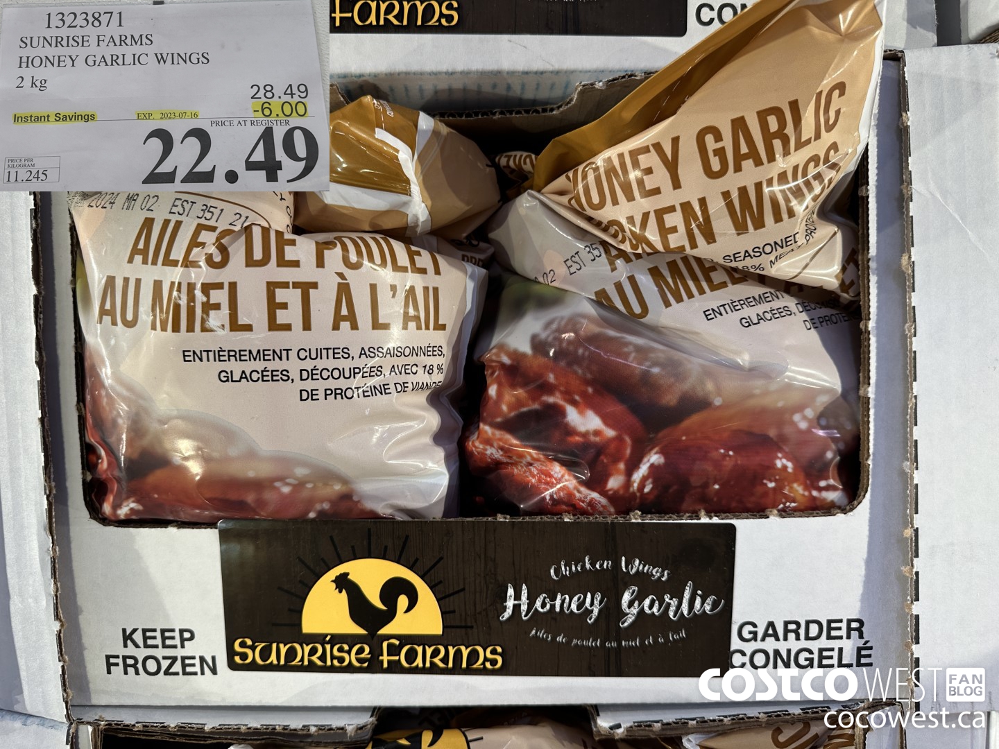 1323871 SUNRISE FARMS HONEY GARLIC WINGS 2 kg ($6.00 INSTANT SAVINGS EXPIRES ON 2023-07-16) $22.49