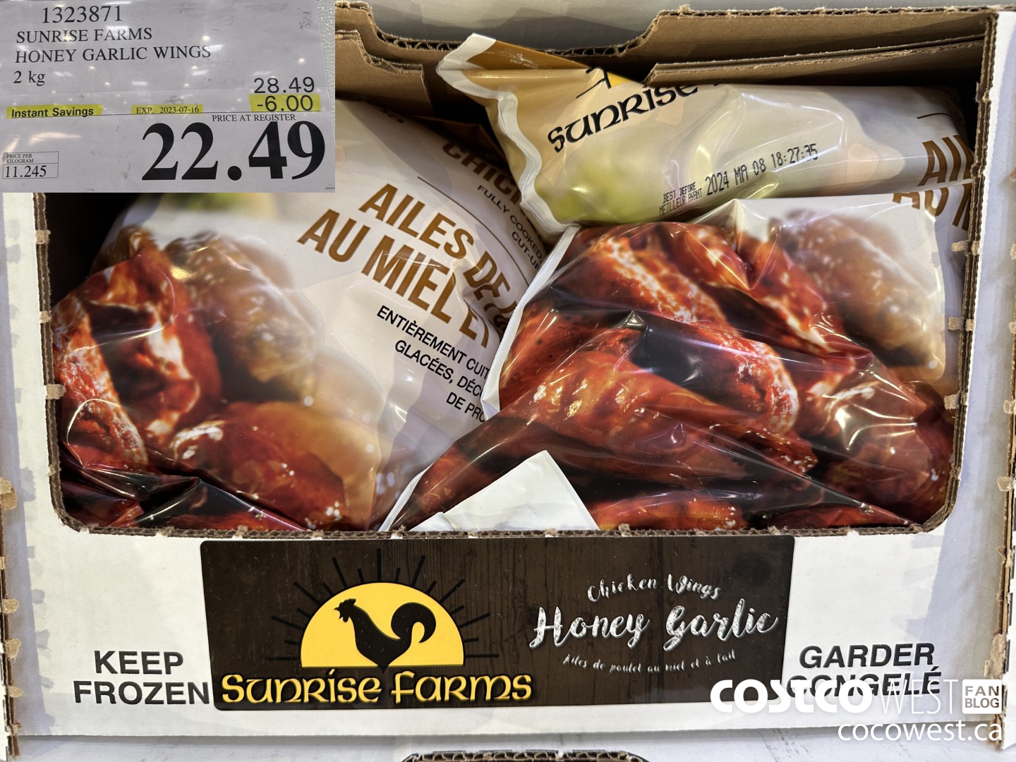 1323871 SUNRISE FARMS HONEY GARLIC WINGS 2 kg ($6.00 INSTANT SAVINGS EXPIRES ON 2023-07-16) $22.49