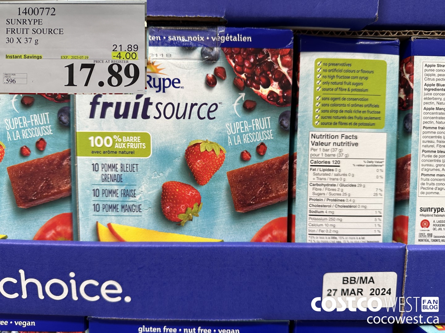 1400772 SUNRYPE FRUIT SOURCE 30 X 37 G ($4.00 INSTANT SAVINGS EXPIRES ON 2023-07-19) $17.89