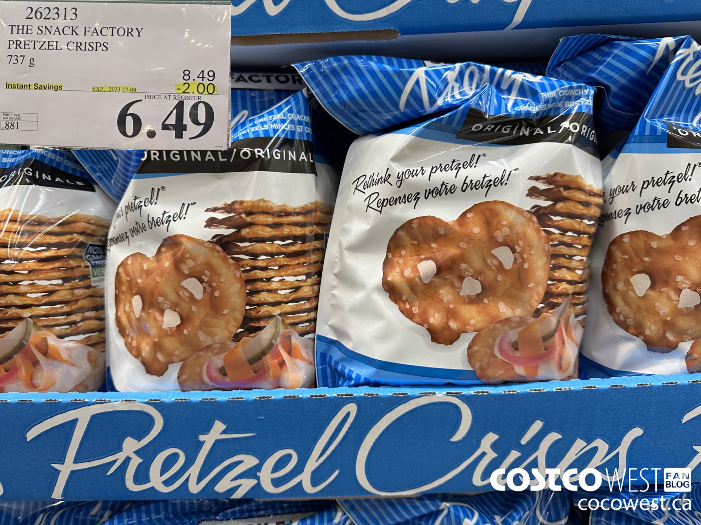 262313 THE SNACK FACTORY PRETZEL CRISPS 737 g ($2.00 INSTANT SAVINGS EXPIRES ON 2023-07-09) $6.49