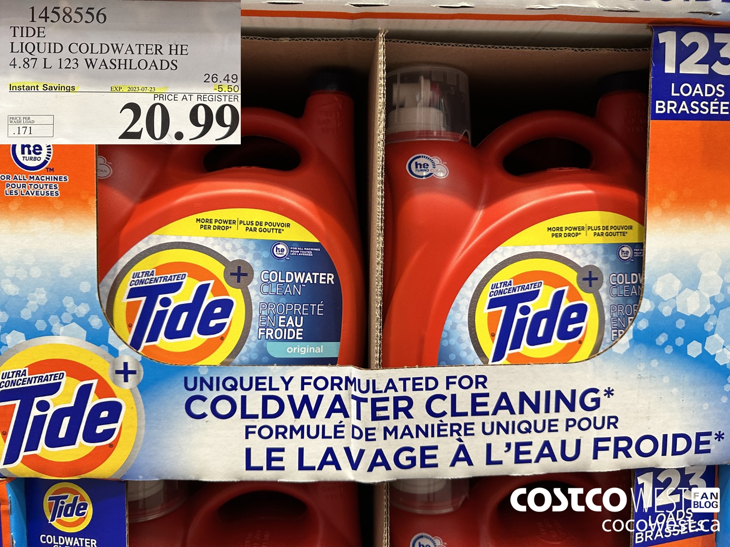 1458556 TIDE LIQUID COLDWATER HE 4.78 L 123 WASHLOADS  ($5.50 INSTANT SAVINGS EXPIRES ON 2023-07-23) $20.99