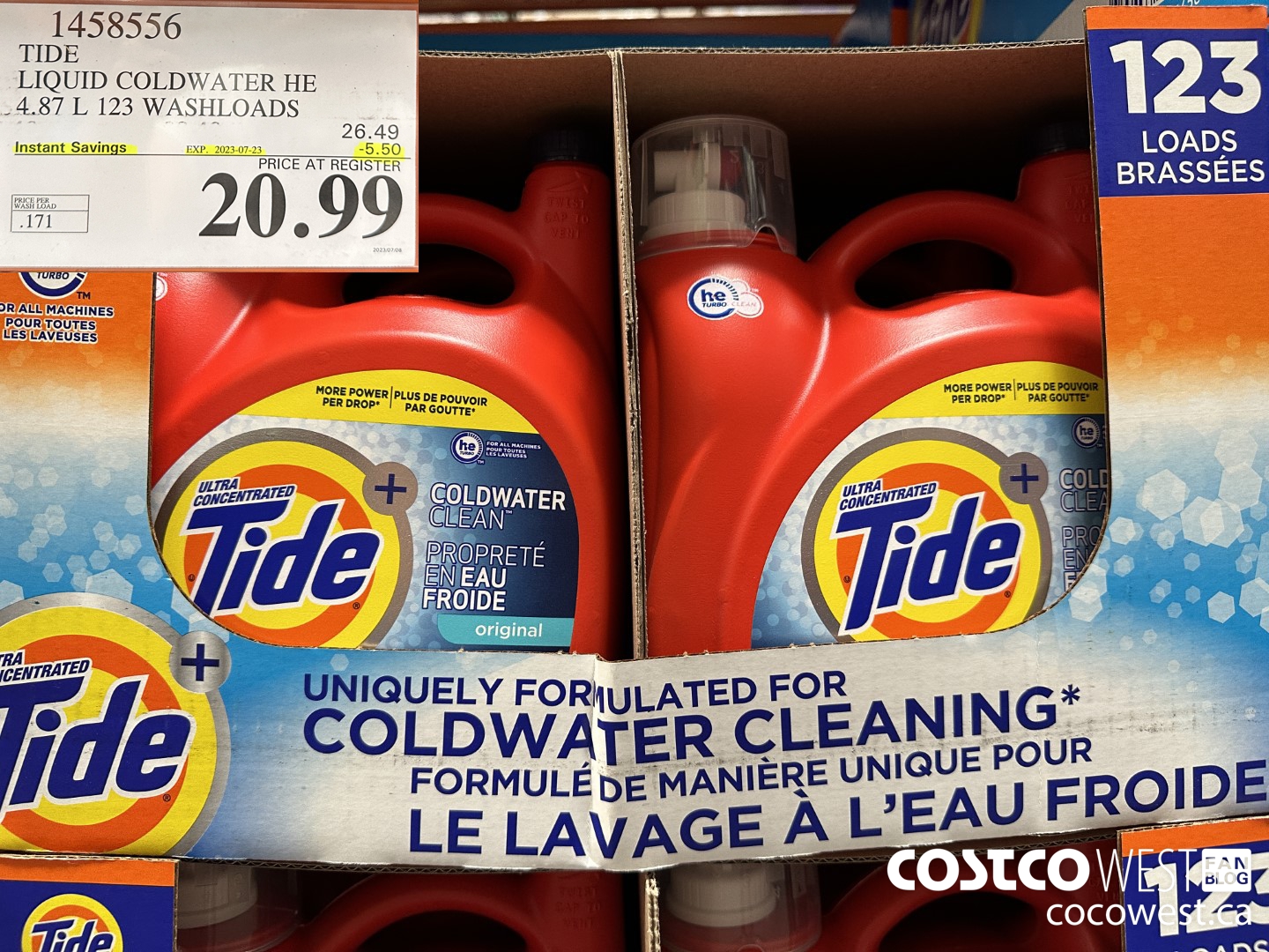 1458556 TIDE LIQUID COLDWATER HE 4.78 L 123 WASHLOADS  ($5.50 INSTANT SAVINGS EXPIRES ON 2023-07-23) $20.99