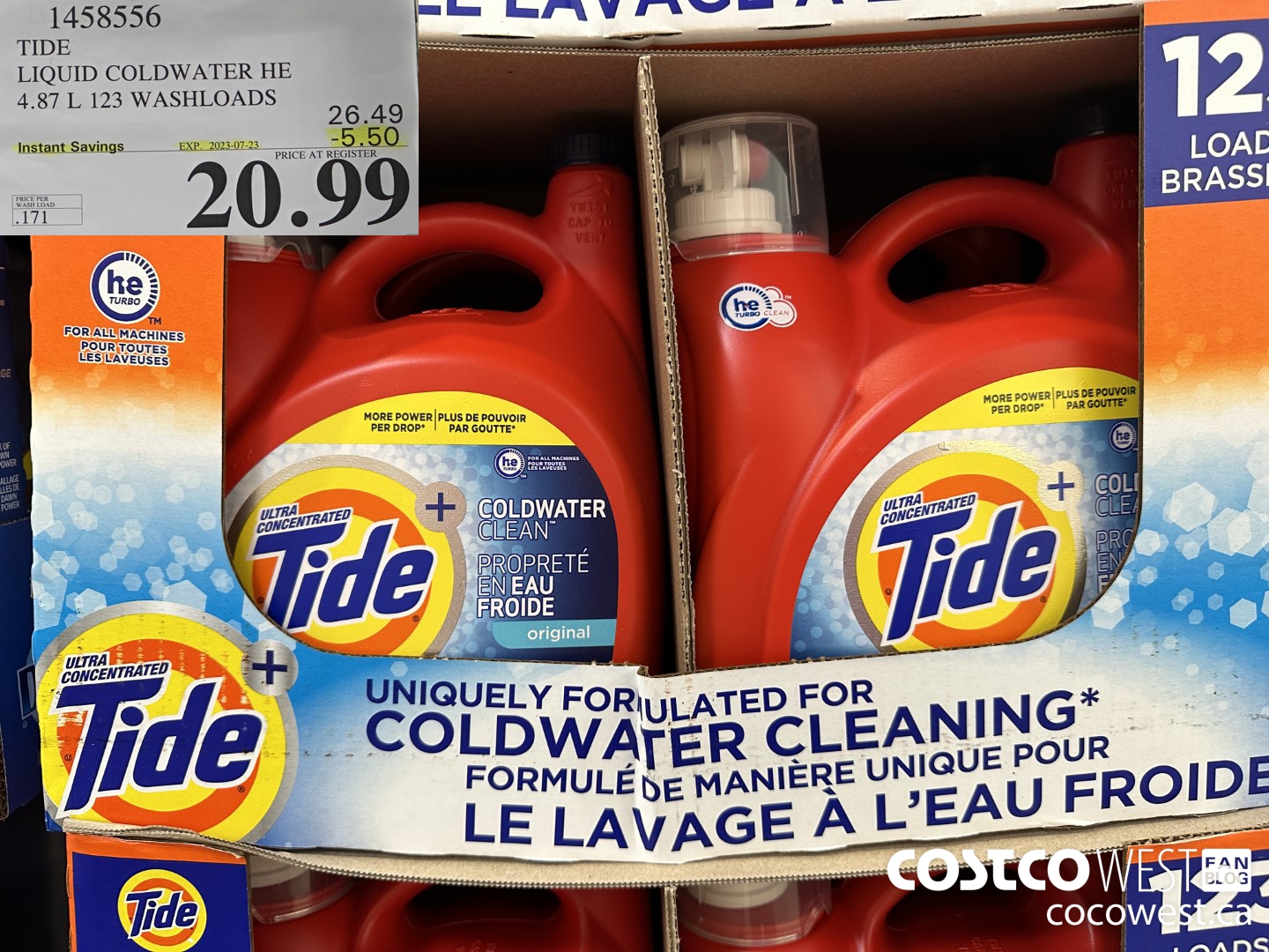 1458556 TIDE LIQUID COLDWATER HE 4.78 L 123 WASHLOADS  ($5.50 INSTANT SAVINGS EXPIRES ON 2023-07-23) $20.99