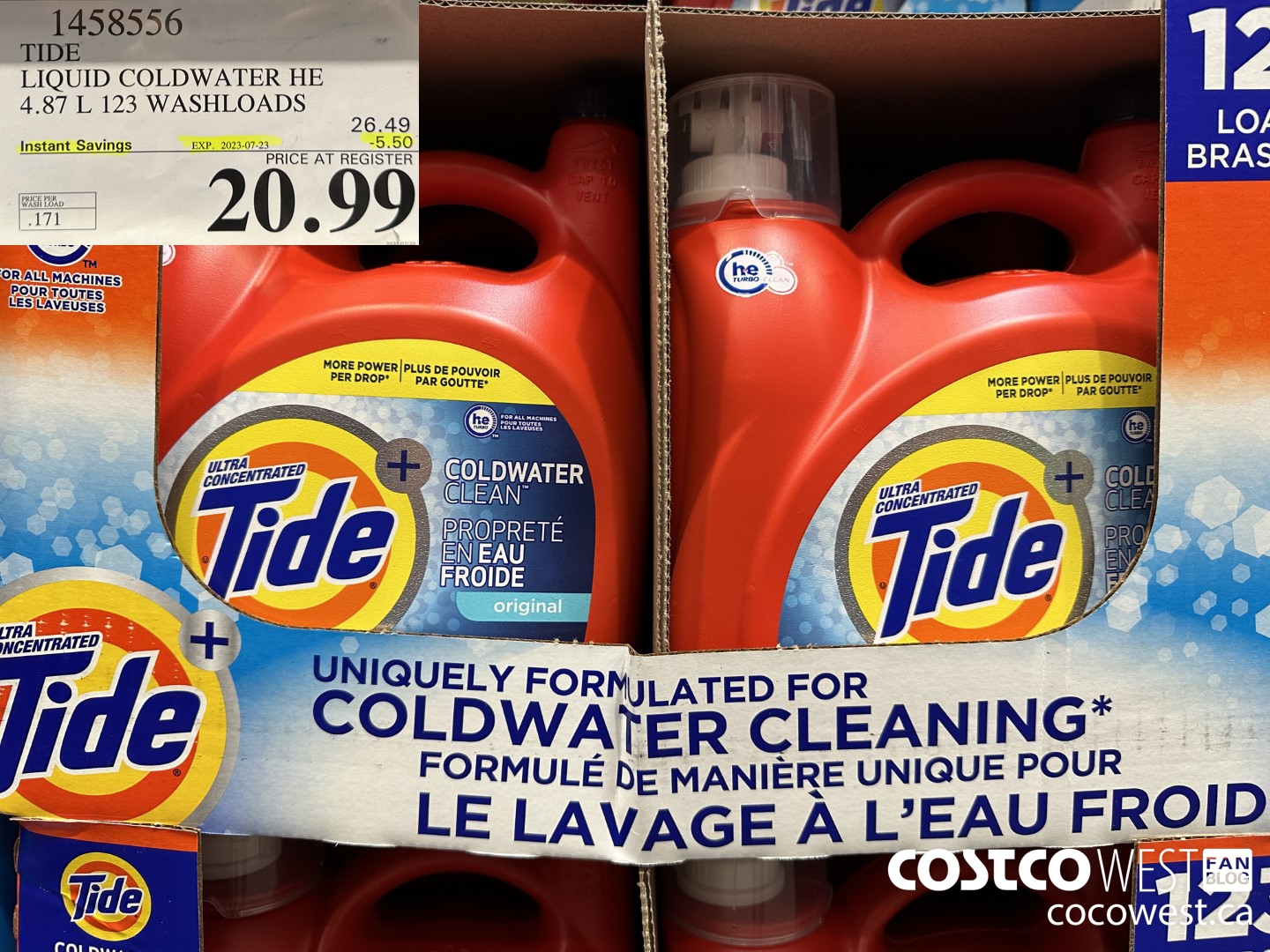 1458556 TIDE LIQUID COLDWATER HE 4.78 L 123 WASHLOADS  ($5.50 INSTANT SAVINGS EXPIRES ON 2023-07-23) $20.99