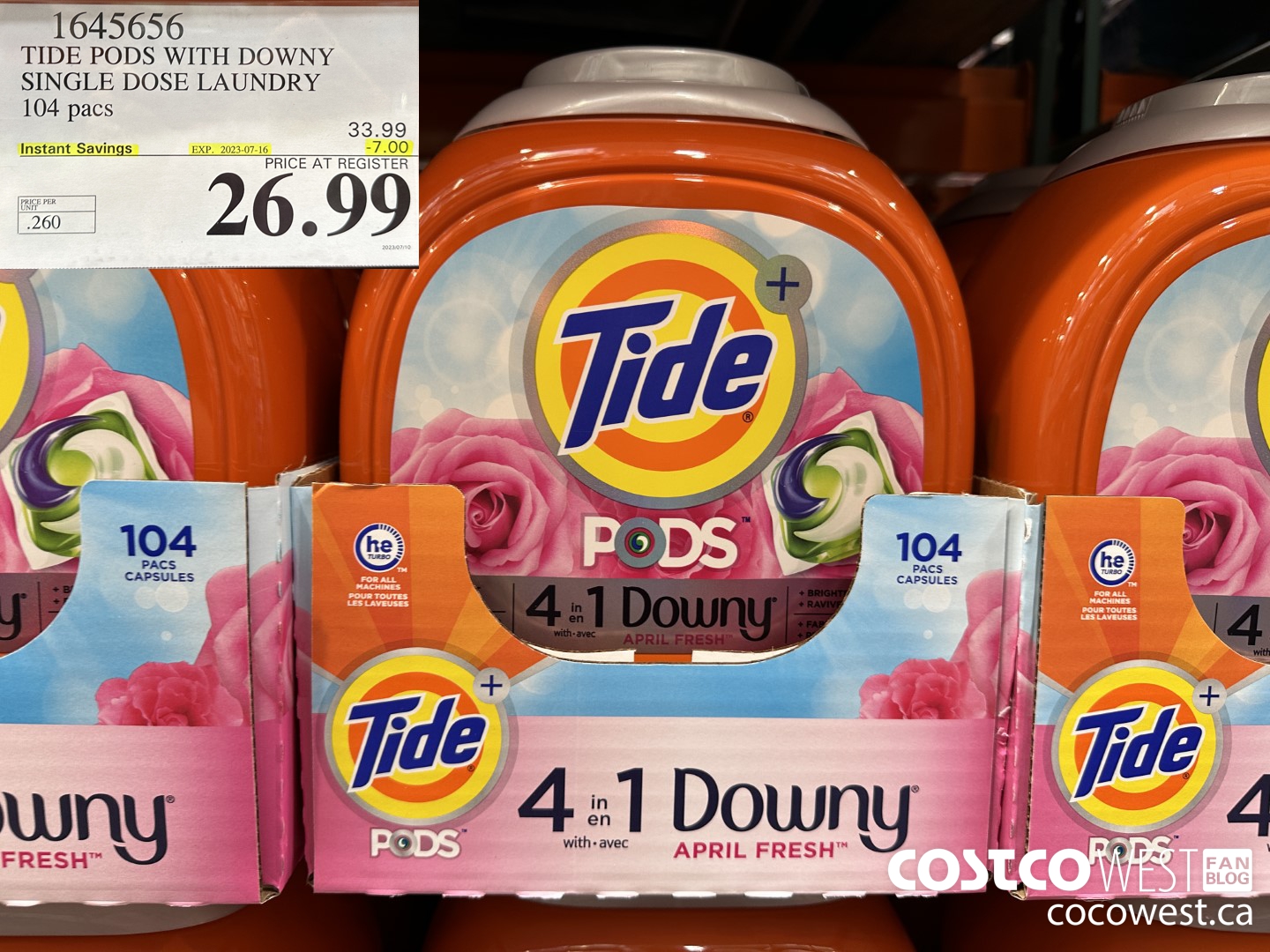 1645656 TIDE PODS WITH DOWNY SINGLE DOSE LAUNDRY 104 PACS ($7.00 INSTANT SAVINGS EXPIRES ON 2023-07-16) $26.99