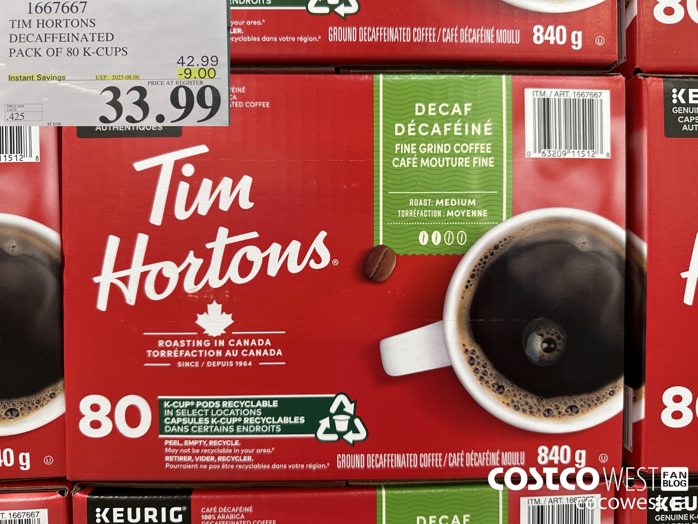 1667667 TIM HORTONS DECAFFEINATED K-CUPS 80 COUNT ($9.00 INSTANT SAVINGS EXPIRES ON 2023-08-06) $33.99