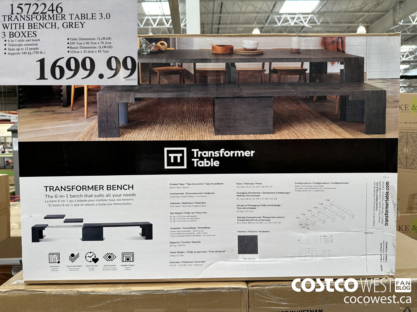 1572246 TRANSFORMER TABLE 3.0 WITH BENCH, GREY 3 BOXES $1699.99