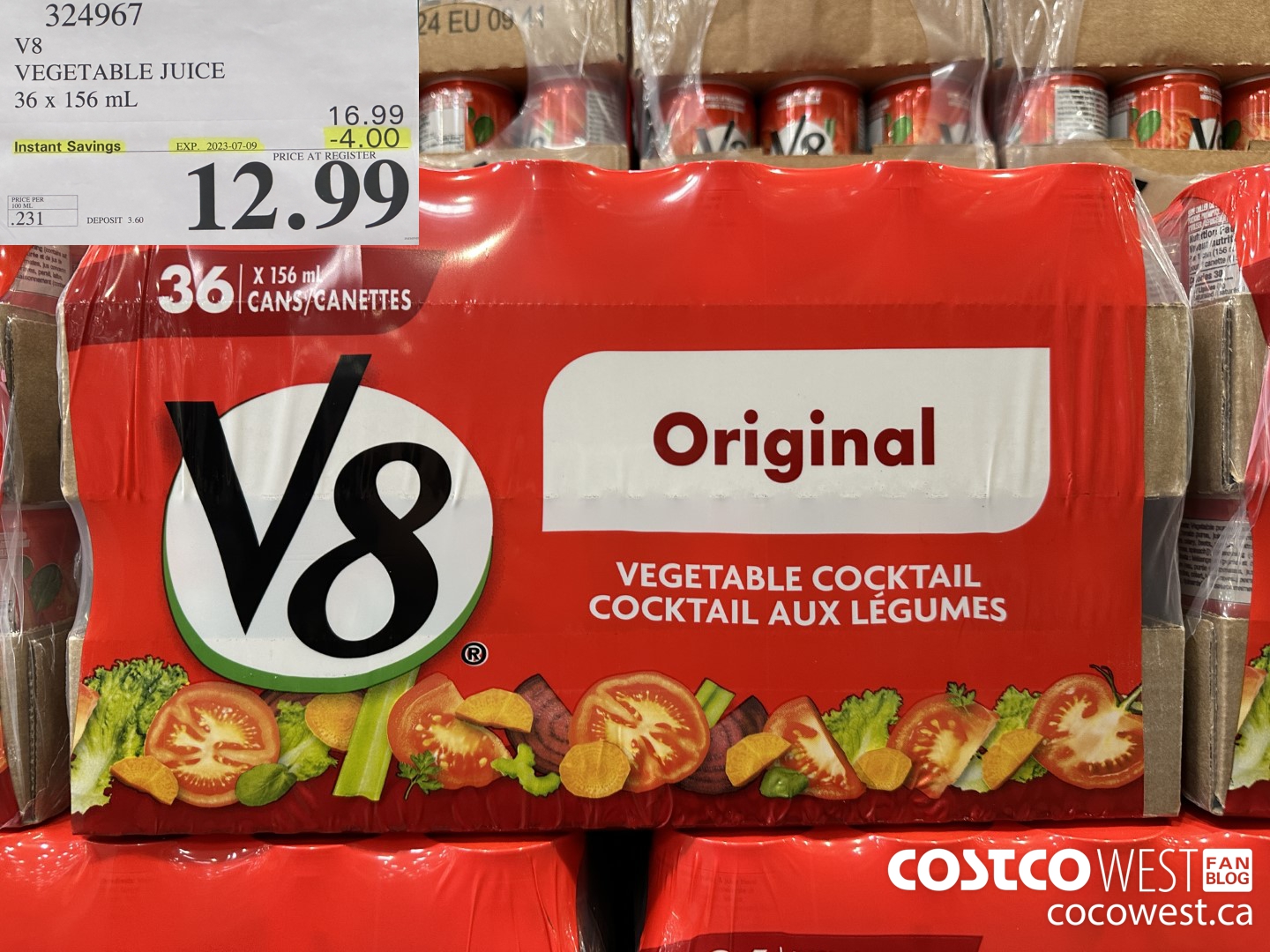 324967 V8 VEGETABLE JUICE 36 X 156 ML ($4.00 INSTANT SAVINGS EXPIRES ON 2023-07-09) $12.99