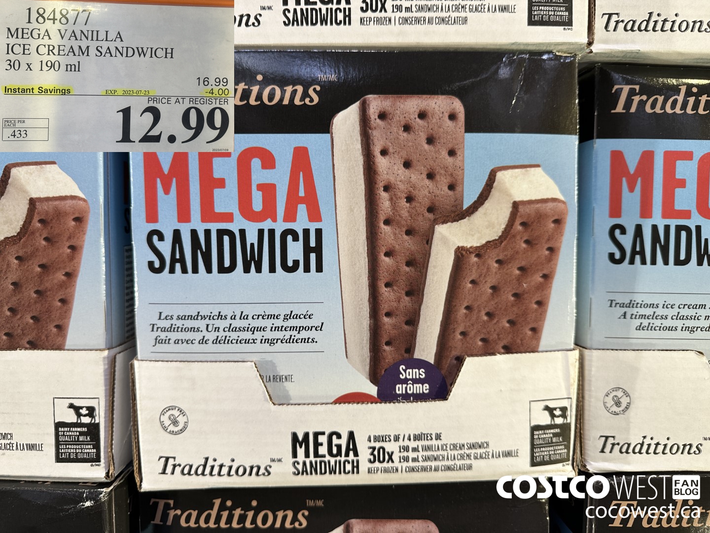 184877 VANILLA MEGA ICE CREAM SANDWICH 30 X 190 ML ($4.00 INSTANT SAVINGS EXPIRES ON 2023-07-23) $12.99
