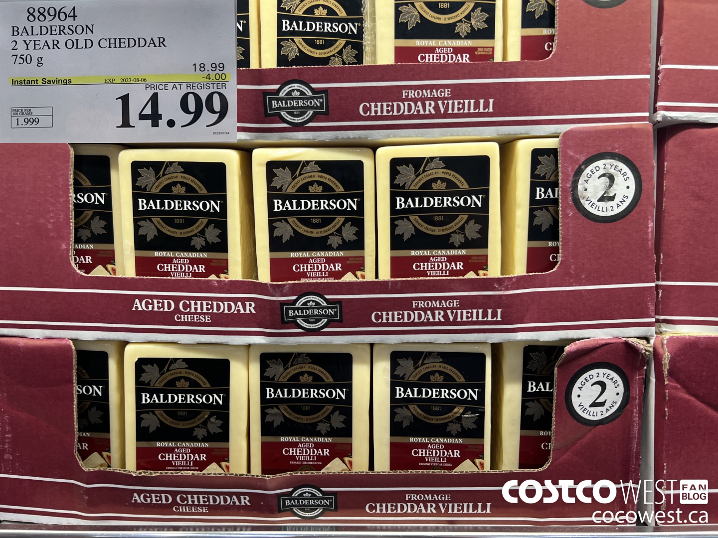 88964 BALDERSON 2 YEAR OLD CHEDDAR 750 g ($4.00 INSTANT SAVINGS EXPIRES ON 2023-08-06) $14.99