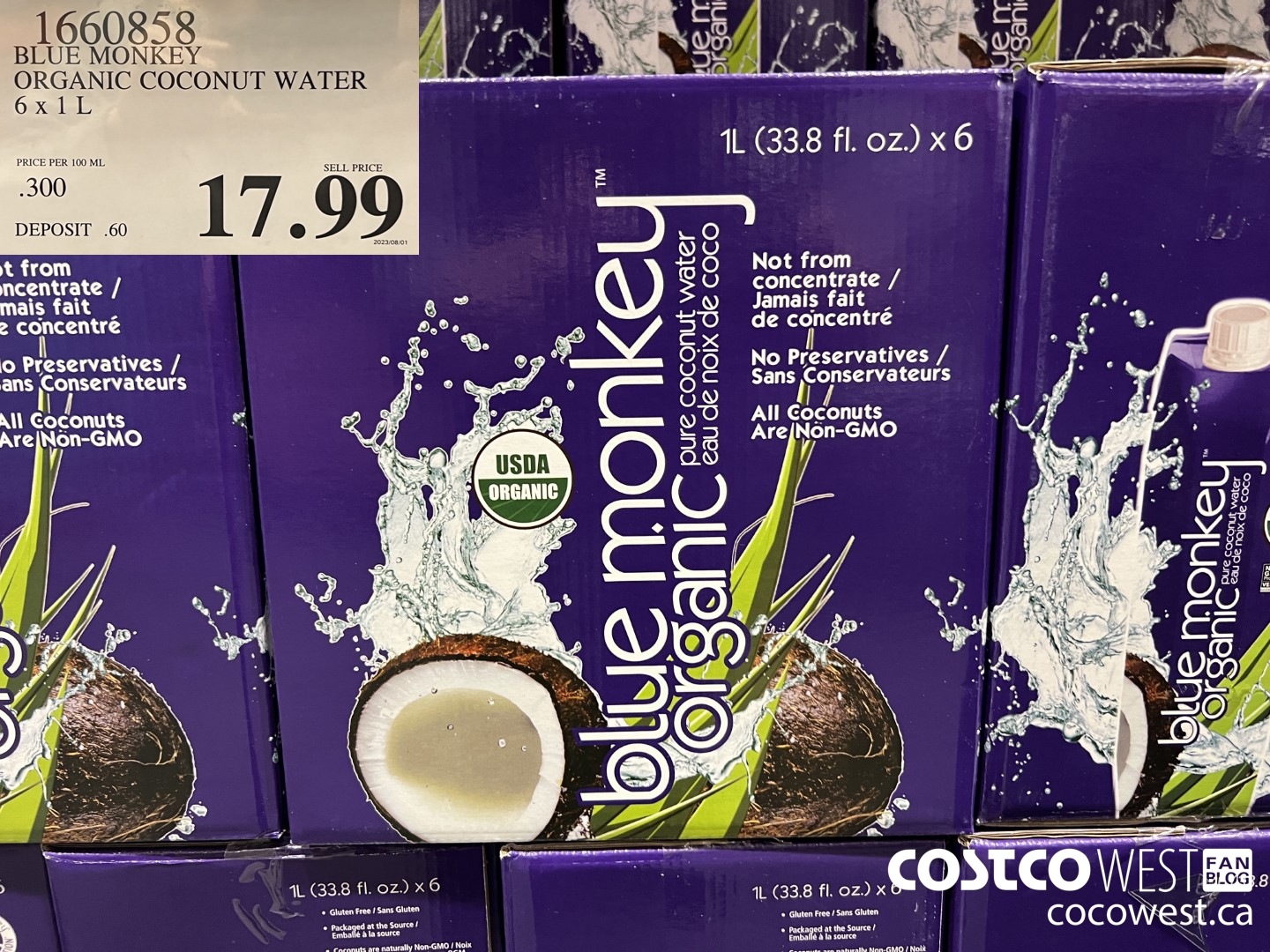 1660858 BLUE MONKEY ORGANIC COCONUT WATER 6 X 1L $17.99