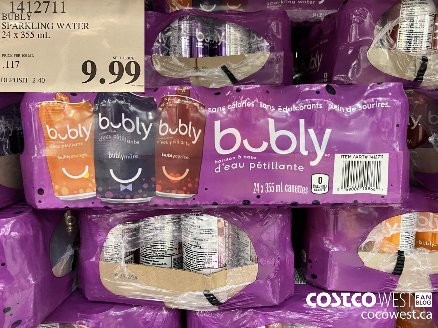 1412711 BUBLY SPARKLING WATER 24 x 355 mL $9.99