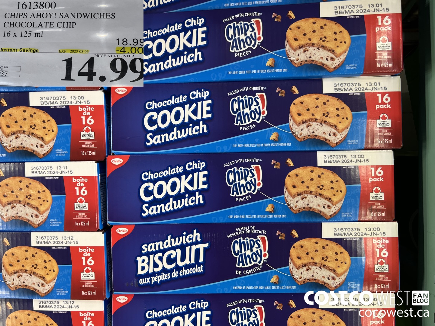 1613800 CHIPS AHOY! SANDWICHES CHOCOLATE CHIP 16 X 125ML ($4.00 INSTANT SAVINGS EXPIRES ON 2023-08-06) $14.99