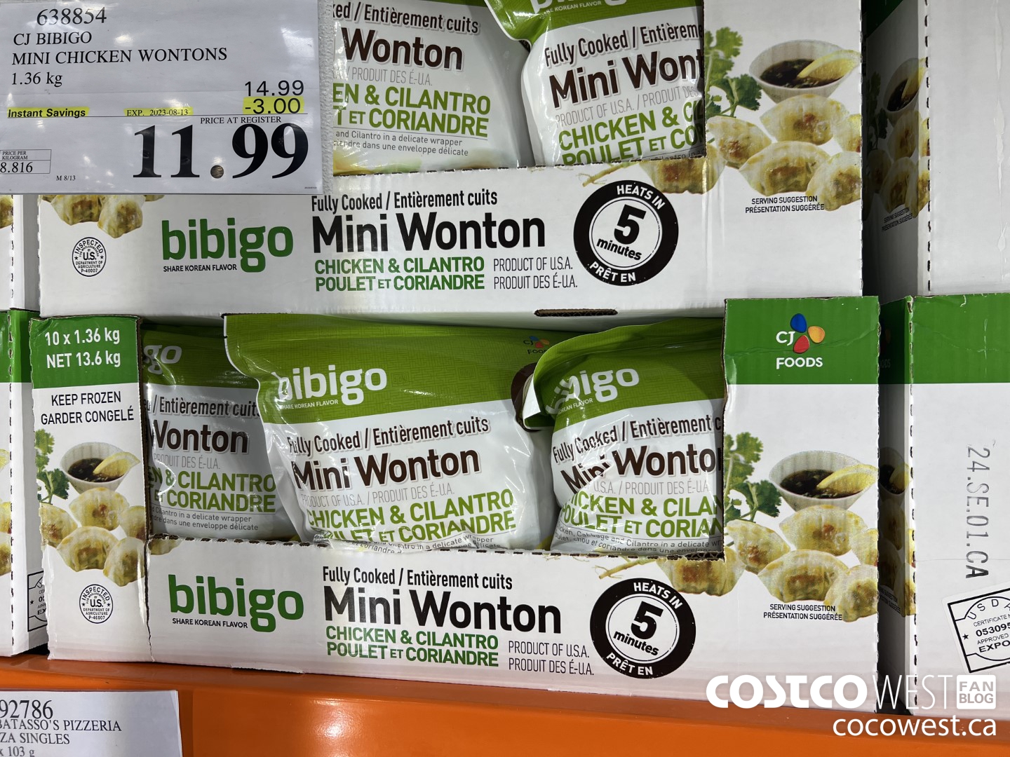 638854 CJ BIBIGO MINI CHICKEN WONTONS 1.36 KG ($3.00 INSTANT SAVINGS EXPIRES ON 2023-08-13) $11.99