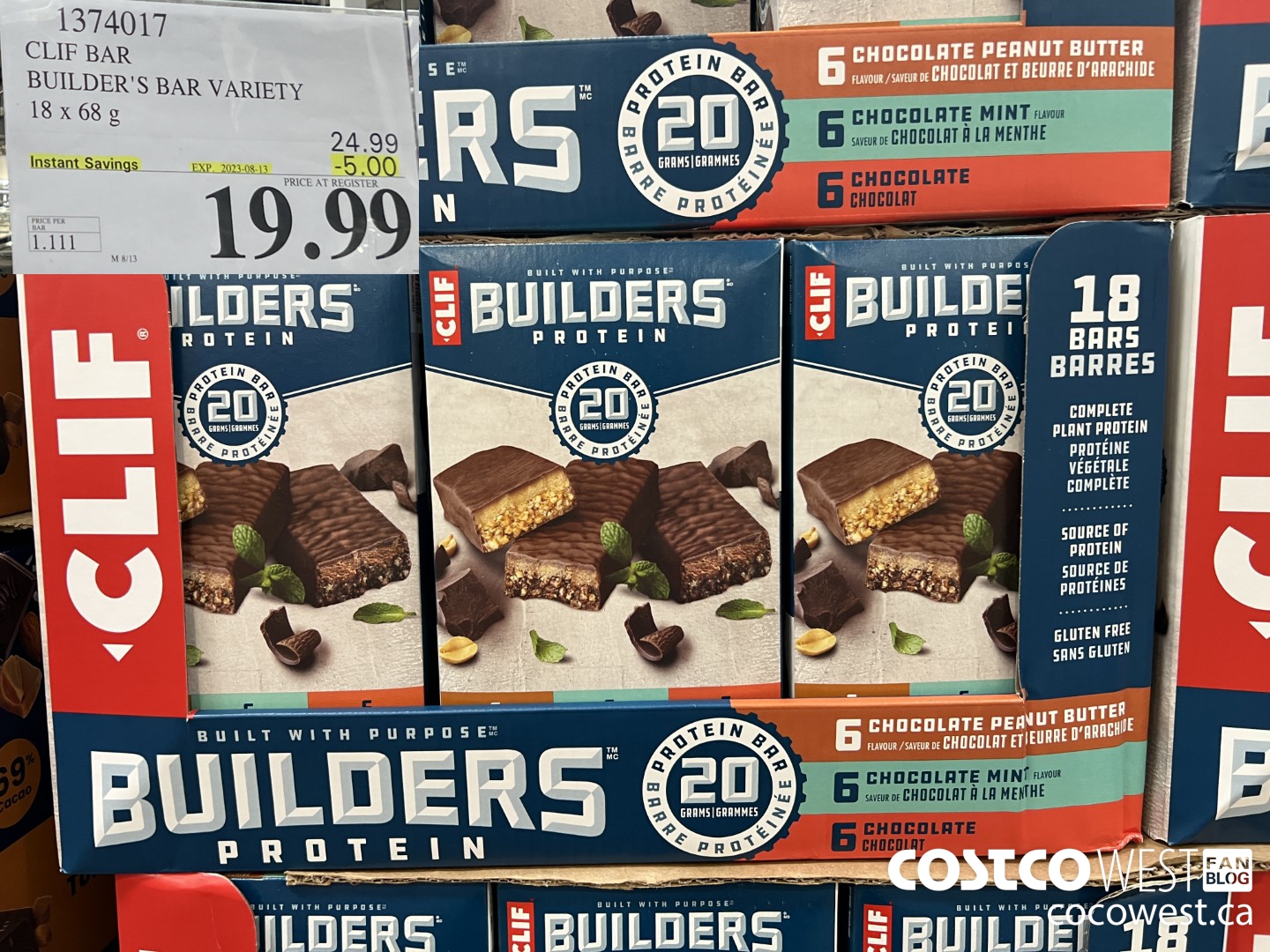 1374017 CLIF BAR BUILDER'S BAR VARIETY 18 x 68 g ($5.00 INSTANT SAVINGS EXPIRES ON 2023-08-13) $19.99