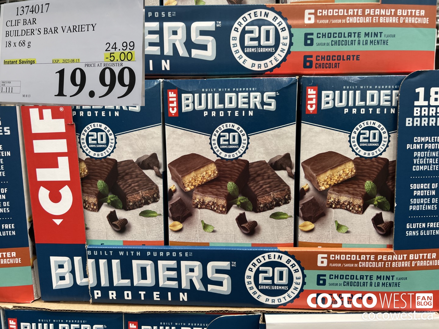 1374017 CLIF BAR BUILDER'S BAR VARIETY 18 x 68 g ($5.00 INSTANT SAVINGS EXPIRES ON 2023-08-13) $19.99