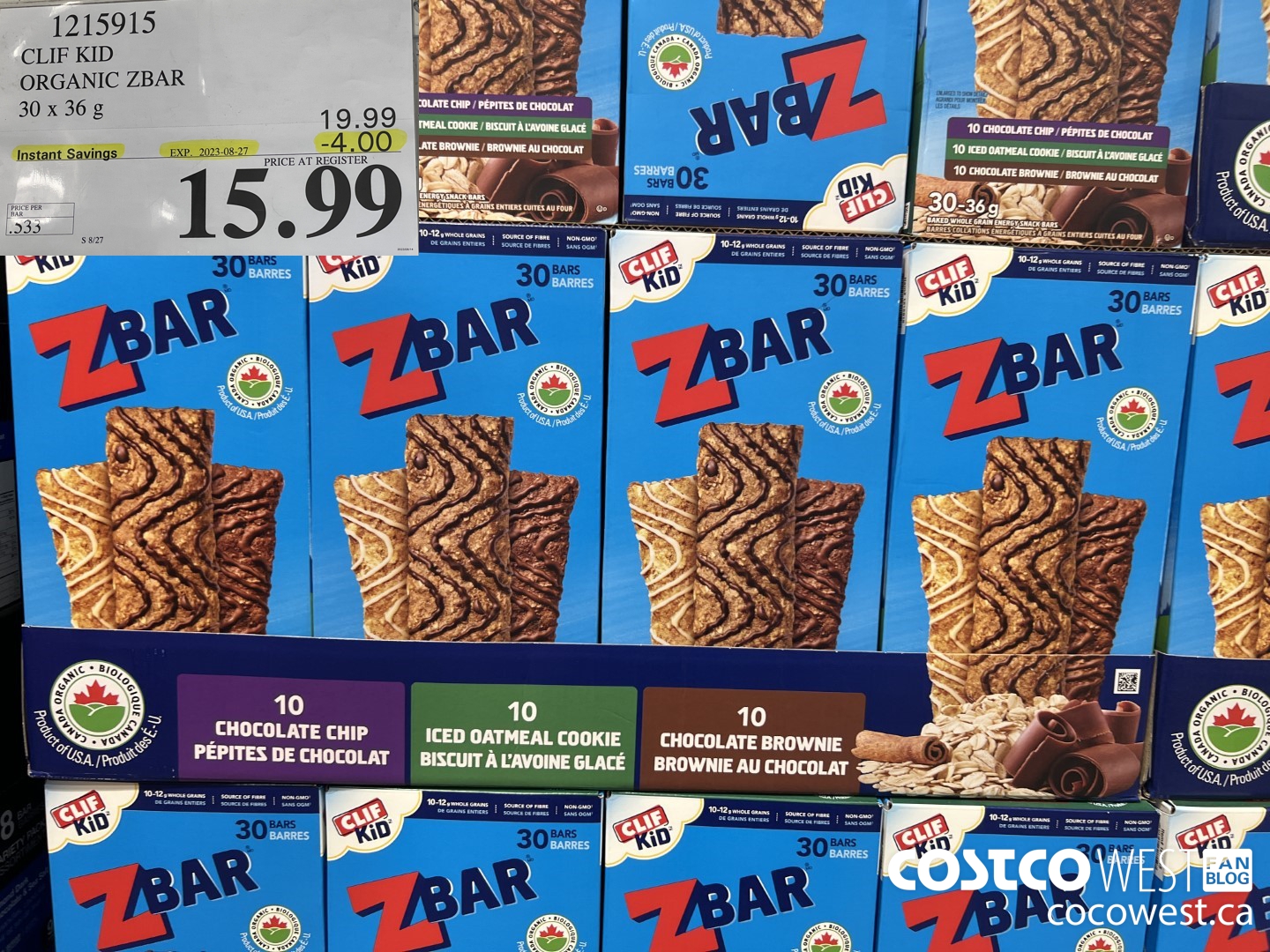 1215915 CLIF KID ORGANIC ZBAR 30 X 36G ($4.00 INSTANT SAVINGS EXPIRES ON 2023-08-27) $15.99