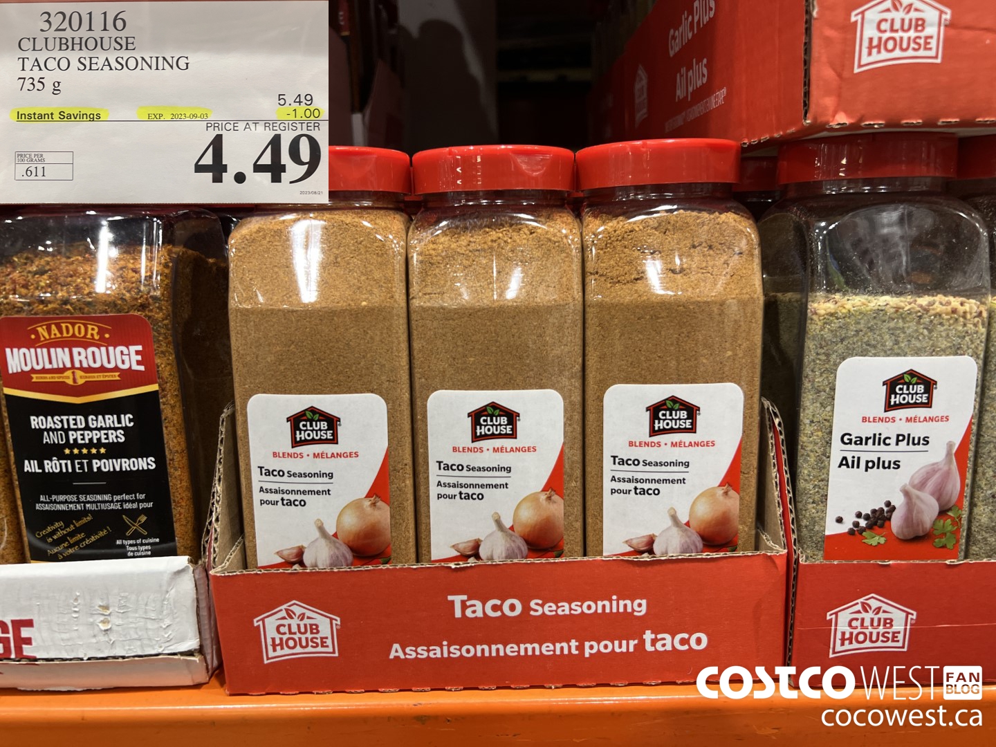 320116 CLUBHOUSE TACO SEASONING 735 g ($1.00 INSTANT SAVINGS EXPIRES ON 2023-09-03) $4.49