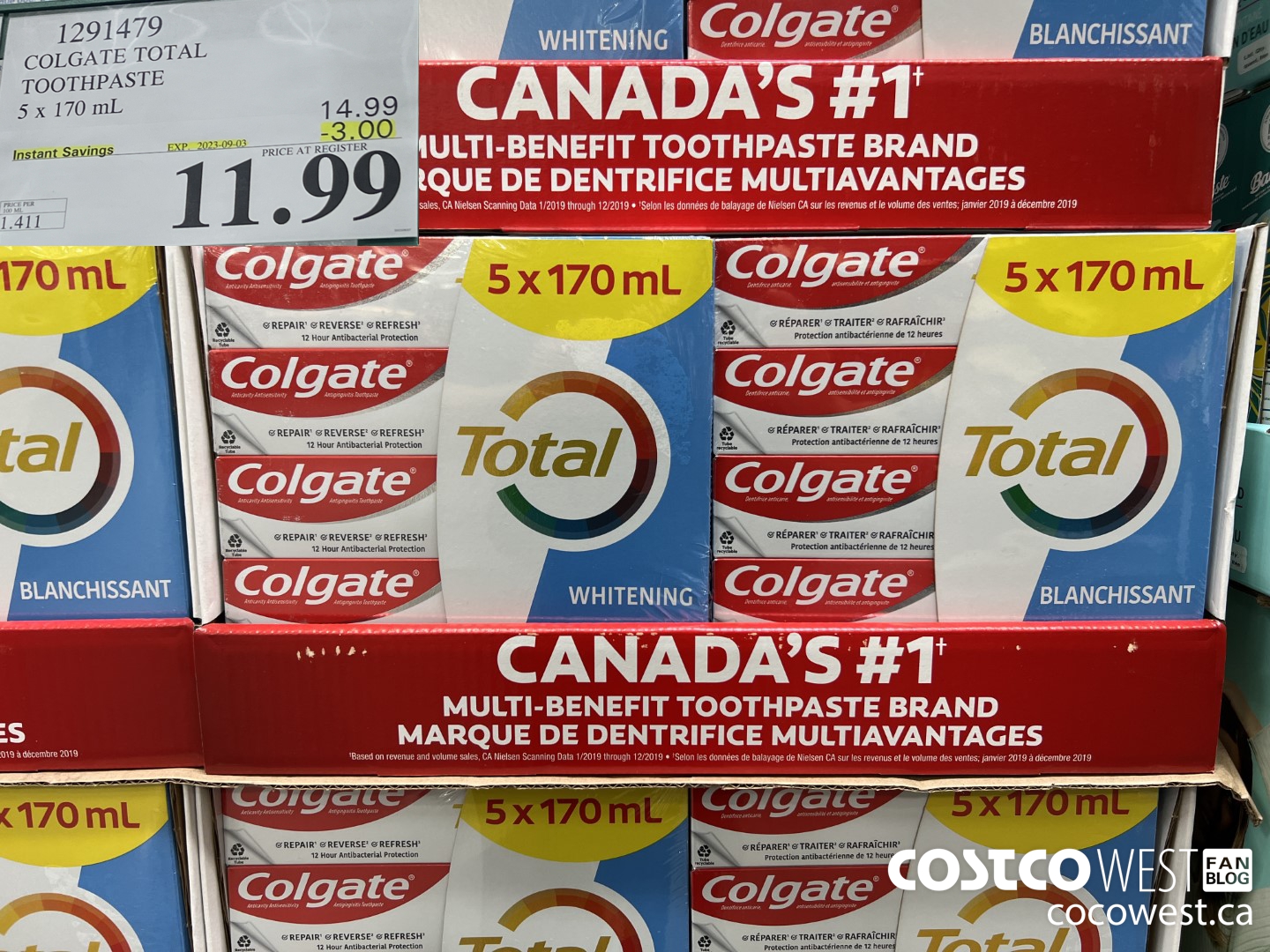 1291479 COLGATE TOTAL TOOTHPASTE 5 x 170 mL ($3.00 INSTANT SAVINGS EXPIRES ON 2023-09-03) $11.99