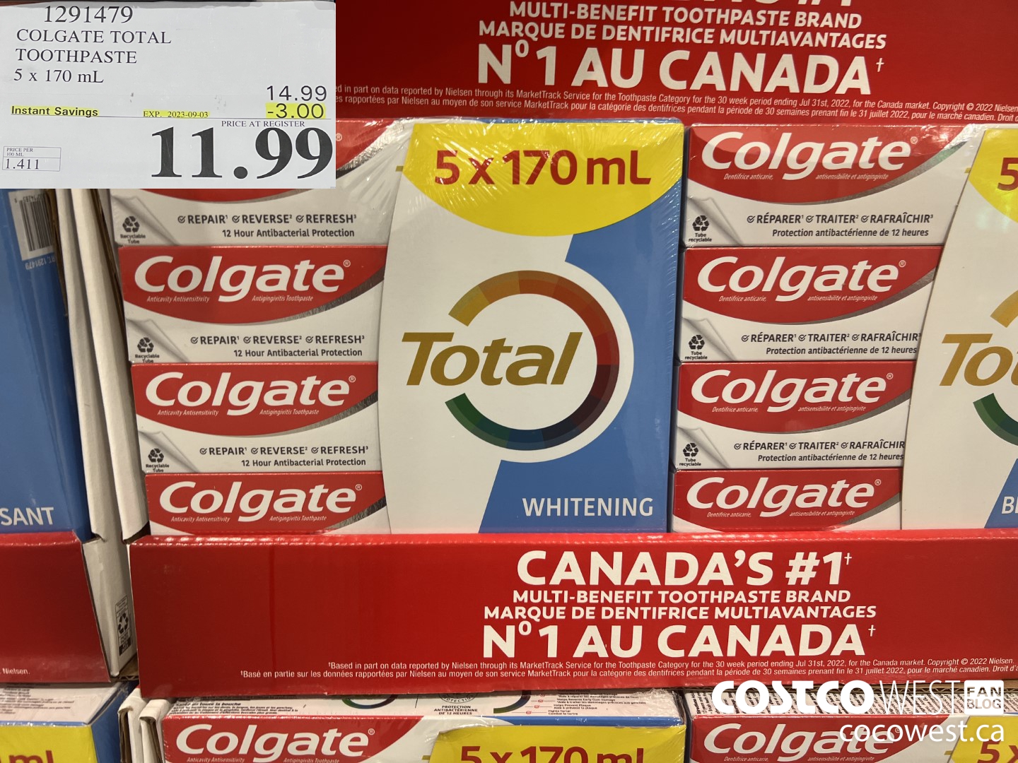 1291479 COLGATE TOTAL TOOTHPASTE 5 x 170 mL ($3.00 INSTANT SAVINGS EXPIRES ON 2023-09-03) $11.99