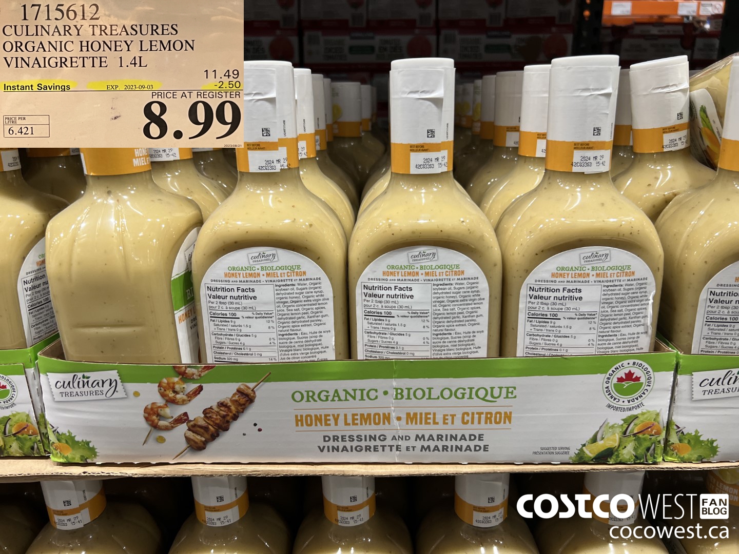 1715612 CULINARY TREASURES ORGANIC HONEY LEMON VINAIGRETTE 1.4L ($2.50 INSTANT SAVINGS EXPIRES ON 2023-09-03) $8.99