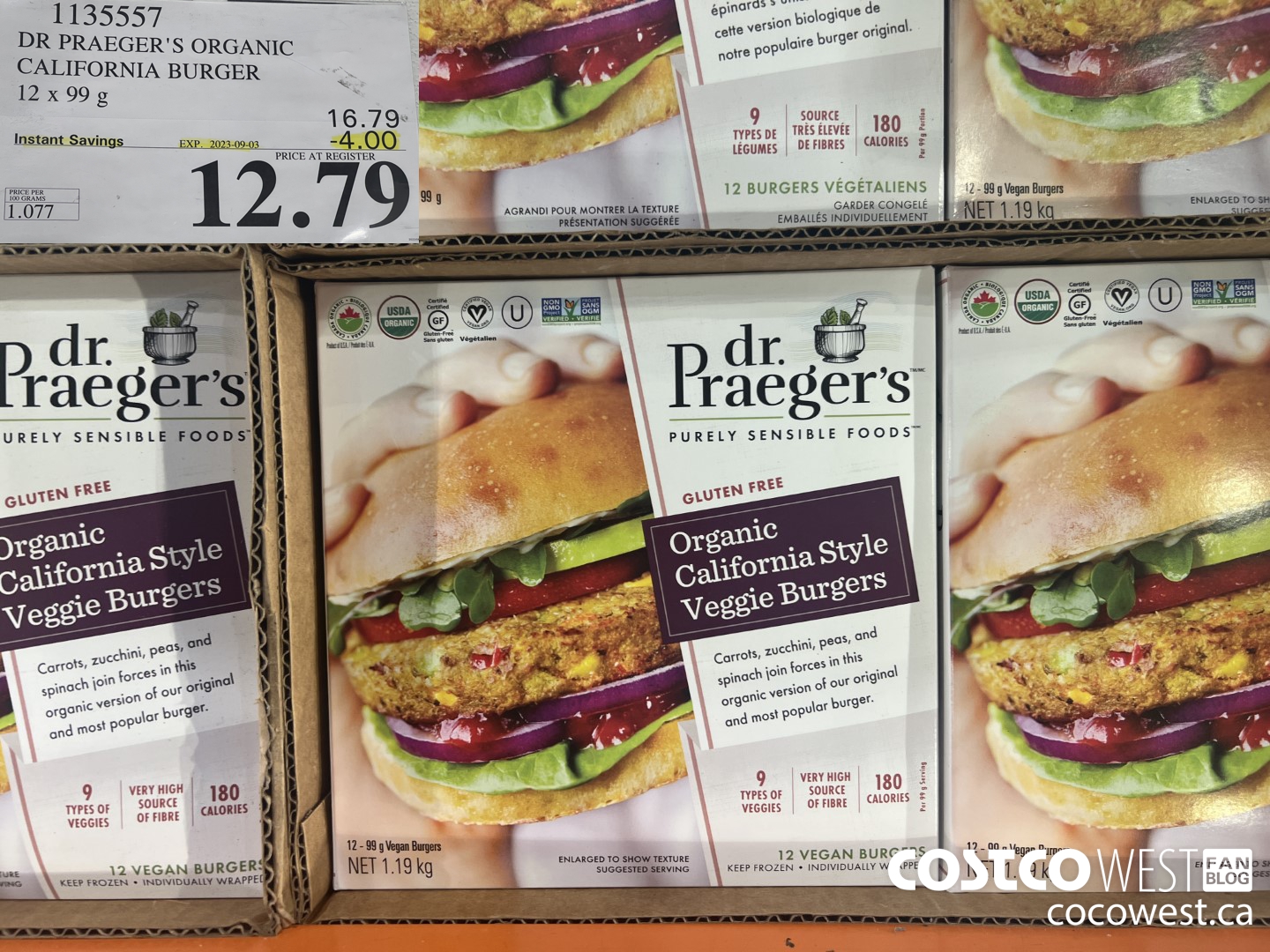 1135557 DR PRAEGER'S ORGANIC CALIFORNIA BURGER 12 x 99 g ($4.00 INSTANT SAVINGS EXPIRES ON 2023-09-03) $12.79