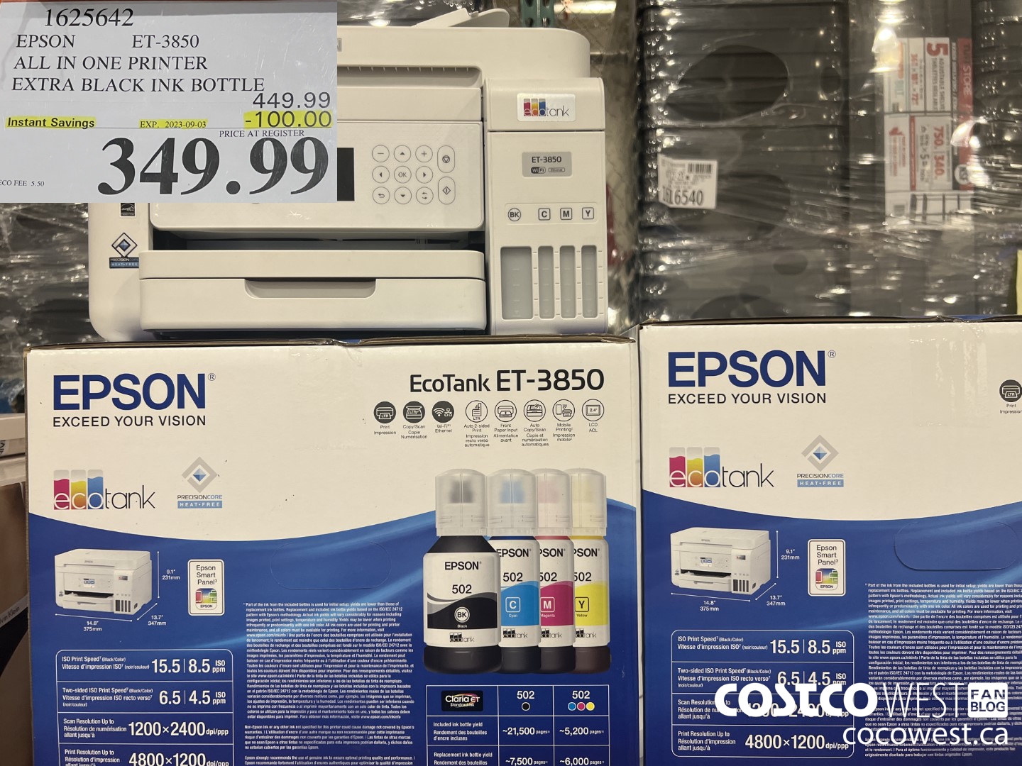 1625642 EPSON ALL IN ONE PRINTER ET-3850 EXTRA BLACK INK BOTTLE ($100.00 INSTANT SAVINGS EXPIRES ON 2023-09-03) $349.99
