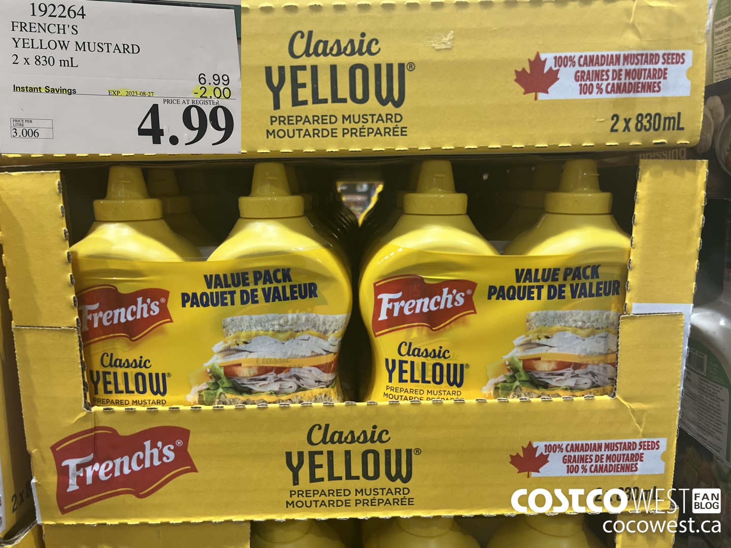 192264 FRENCH'S YELLOW MUSTARD 2 x 830 mL ($2.00 INSTANT SAVINGS EXPIRES ON 2023-08-27) $4.99