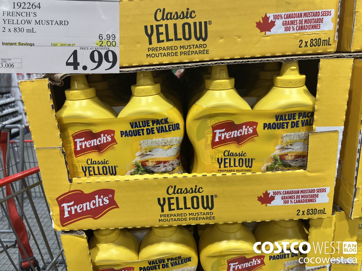 192264 FRENCH'S YELLOW MUSTARD 2 x 830 mL ($2.00 INSTANT SAVINGS EXPIRES ON 2023-08-27) $4.99