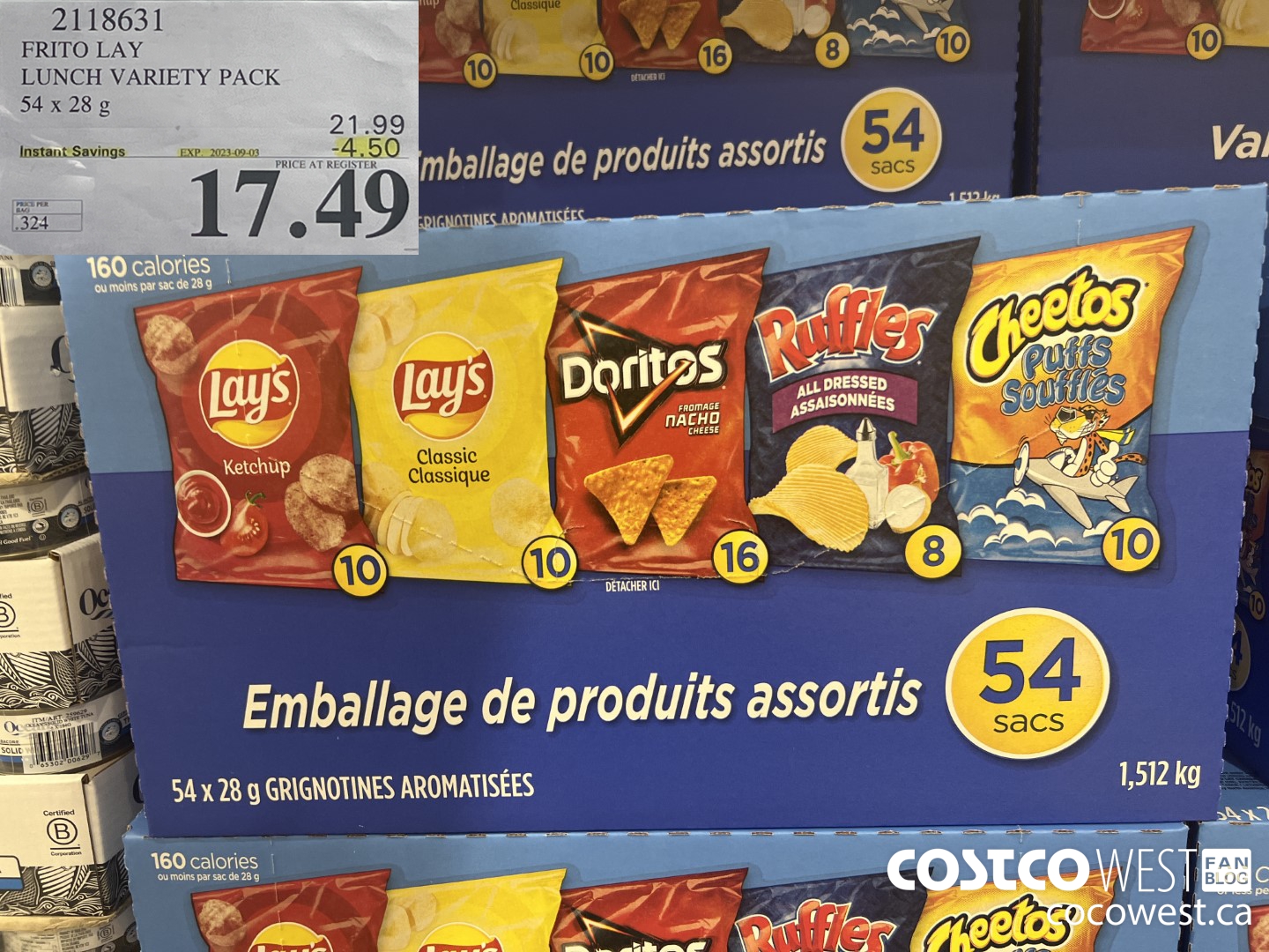 2118631 FRITO LAY LUNCH VARIETY PACK 54 X 28 G ($4.50 INSTANT SAVINGS EXPIRES ON 2023-09-03) $17.49