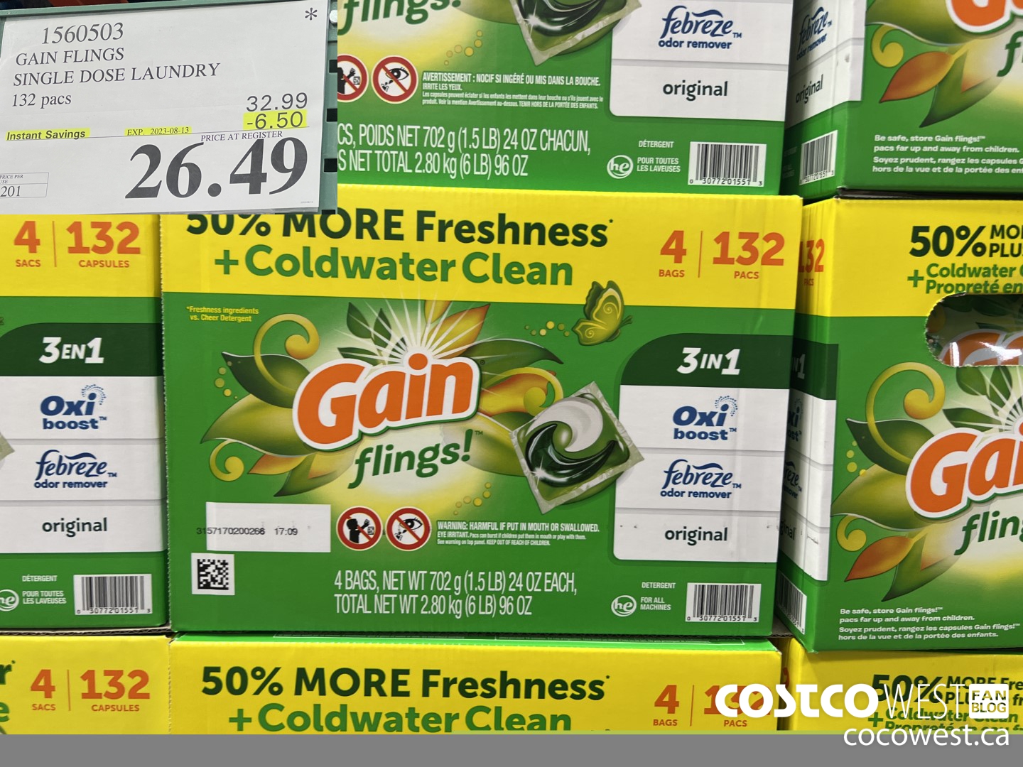 1560503 GAIN FLINGS SINGLE DOSE LAUNDRY 132 pacs ($6.50 INSTANT SAVINGS EXPIRES ON 2023-08-13) $26.49