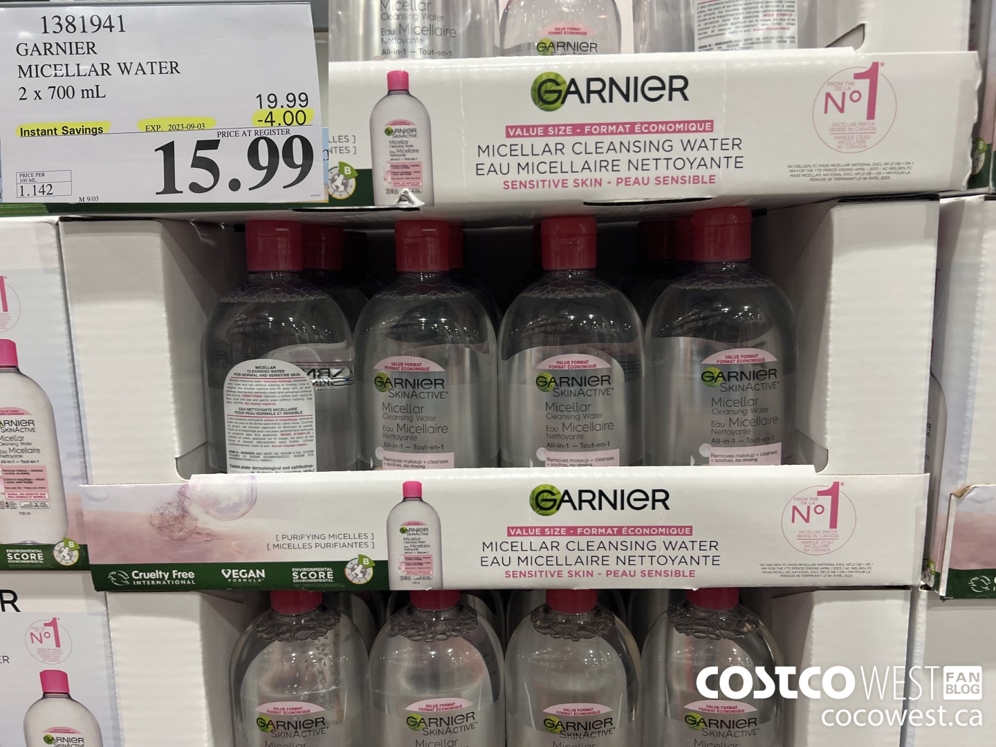 1381941 GARNIER MICELLAR WATER 2 x 700 mL  ($4.00 INSTANT SAVINGS EXPIRES ON 2023-09-03) $15.99
