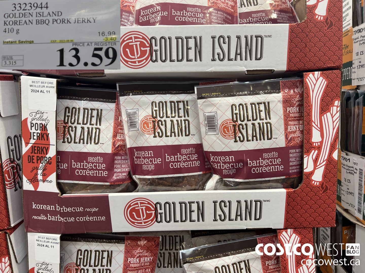 3323944 GOLDEN ISLAND KOREAN BBQ PORK JERKY 410G ($3.40 INSTANT SAVINGS EXPIRES ON 2023-08-06) $13.59