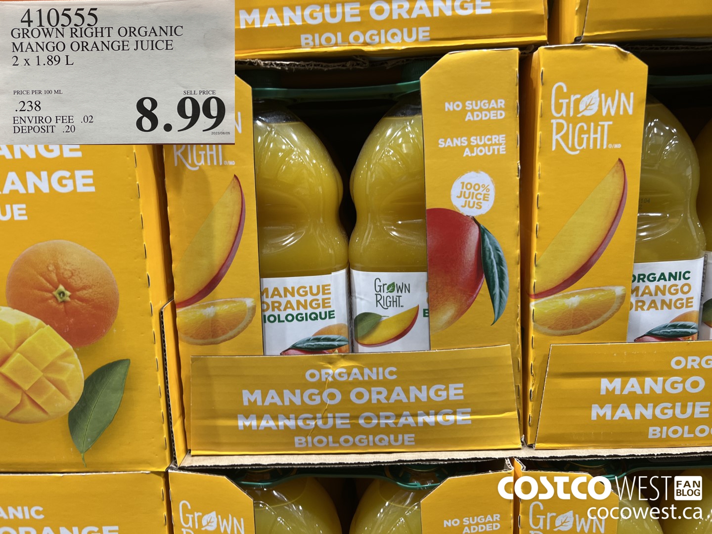 410555 GROWN RIGHT ORGANIC MANGO ORANGE JUICE 2 X 1.89L $8.99