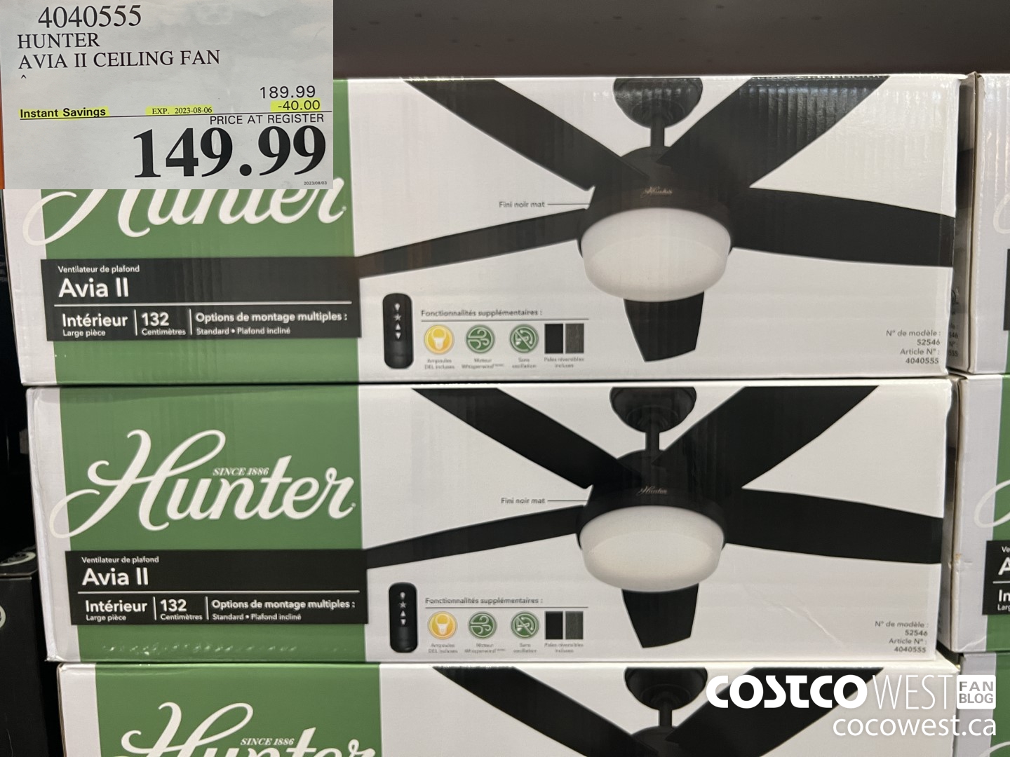 4040555 HUNTER AVIA II CEILING FAN ($40.00 INSTANT SAVINGS EXPIRES ON 2023-08-06) $149.99