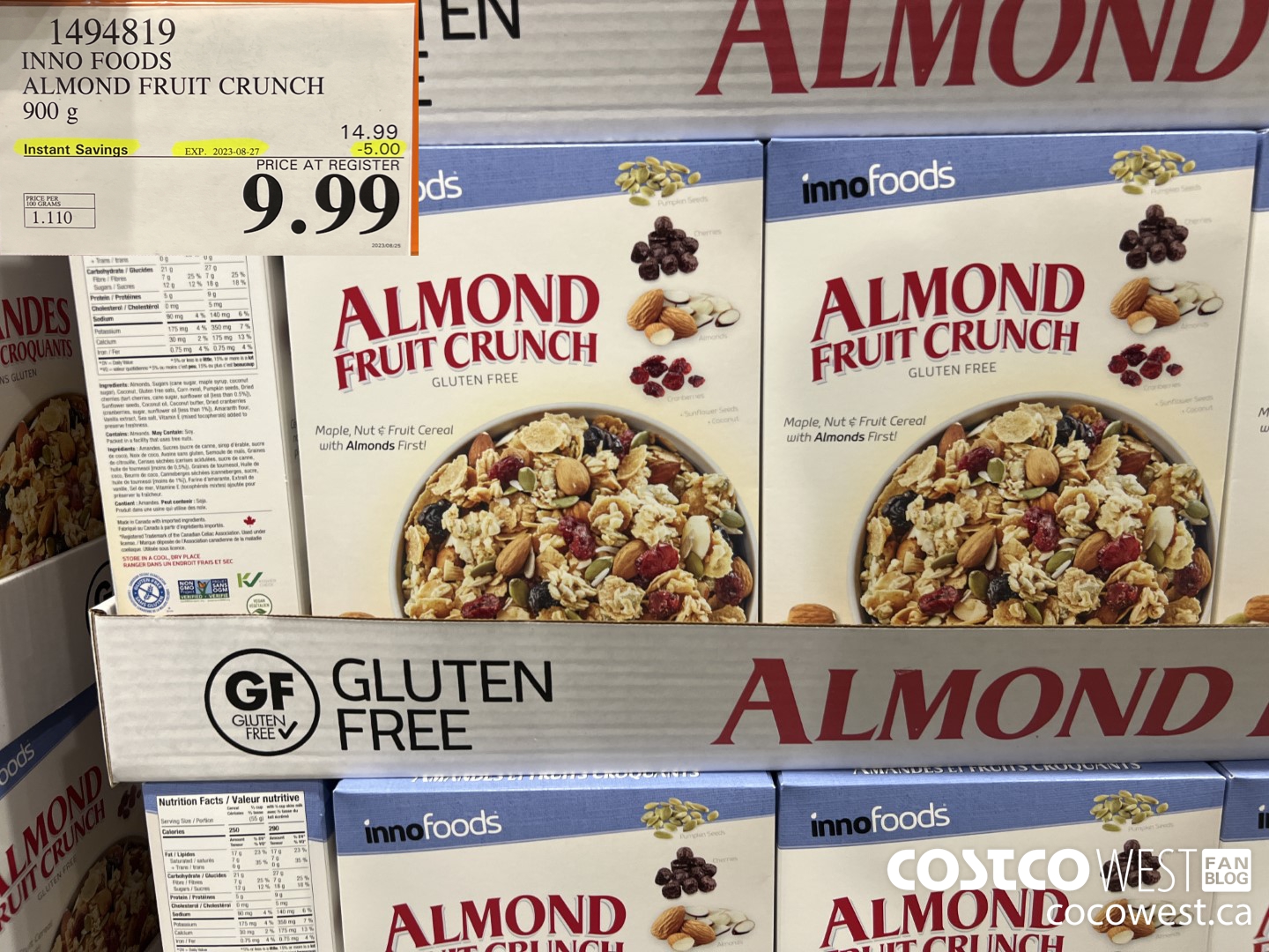 1494819 INNO FOODS ALMOND FRUIT CRUNCH 900 g ($5.00 INSTANT SAVINGS EXPIRES ON 2023-08-27) $9.99