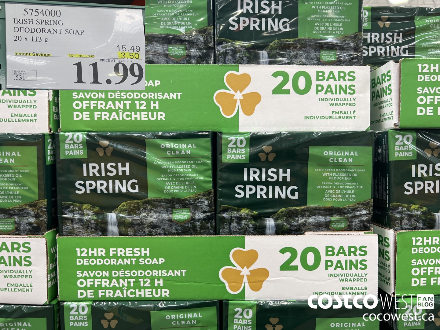 5754000 IRISH SPRING DEODORANT SOAP 20 x 113 g ($3.50 INSTANT SAVINGS EXPIRES ON 2023-09-03) $11.99