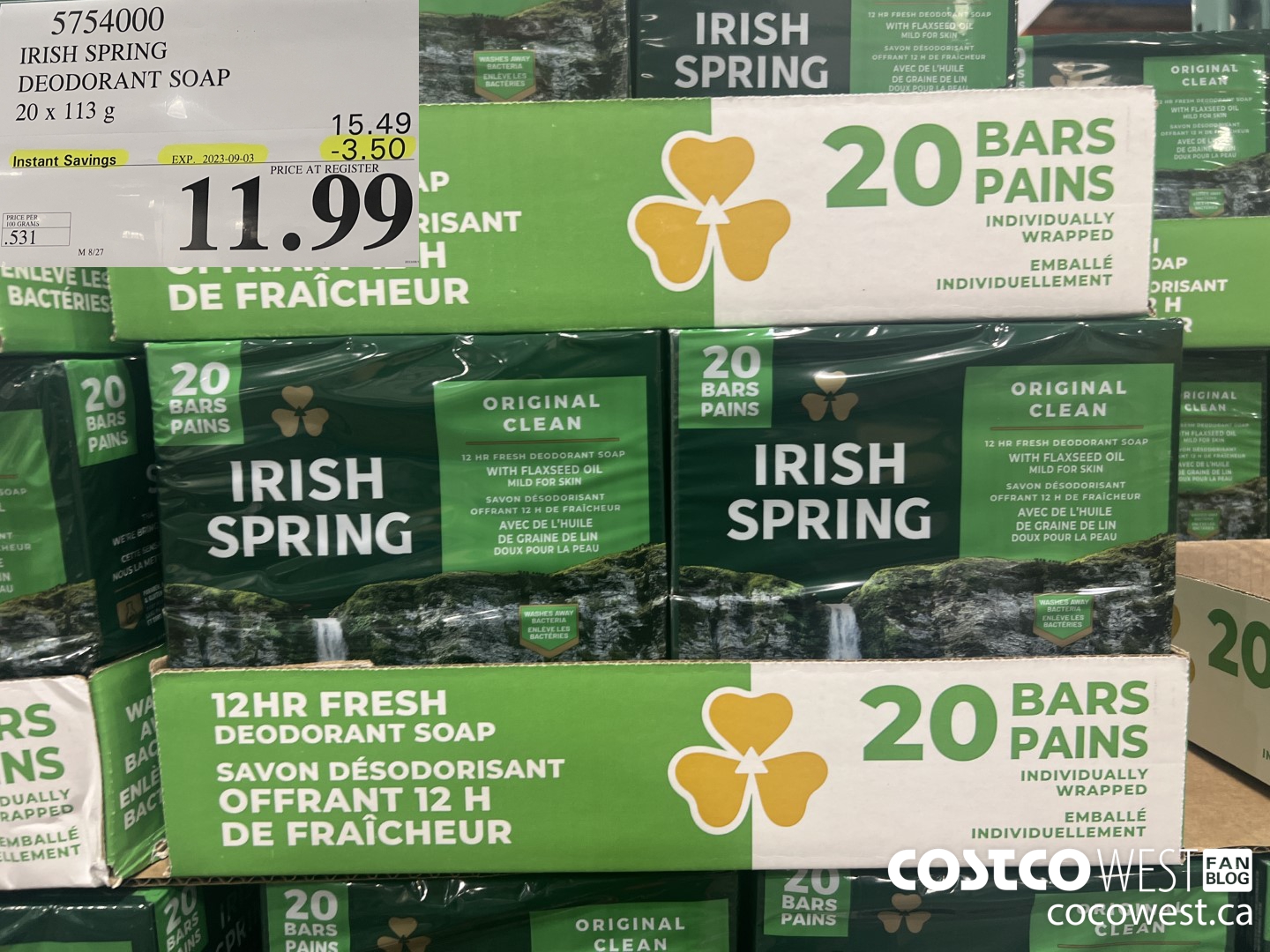 5754000 IRISH SPRING DEODORANT SOAP 20 x 113 g ($3.50 INSTANT SAVINGS EXPIRES ON 2023-09-03) $11.99