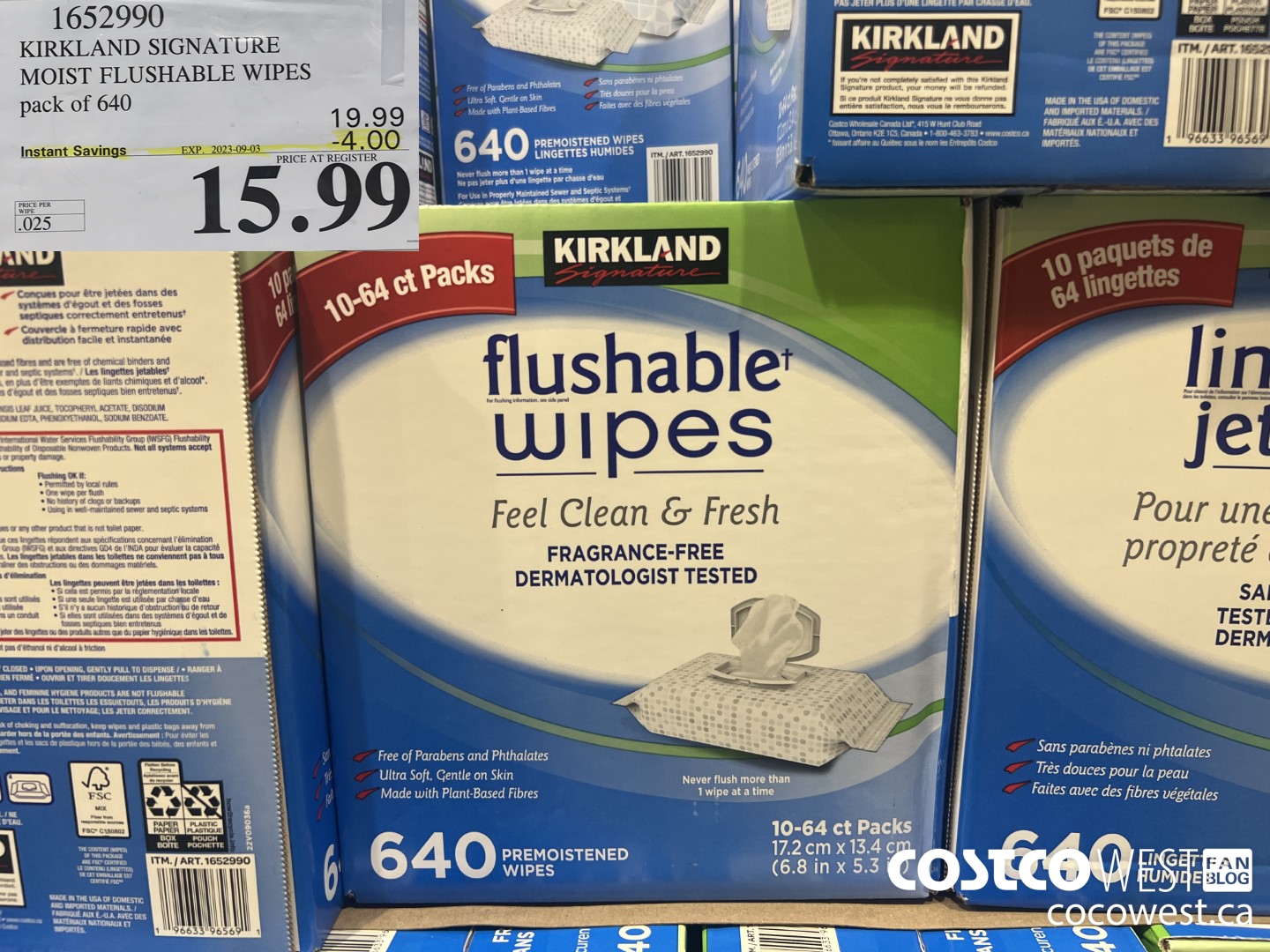 1652990 KIRKLAND SIGNATURE MOIST FLUSHABLE WIPES PACK OF 640 ($4.00 INSTANT SAVINGS EXPIRES ON 2023-09-03) $15.99