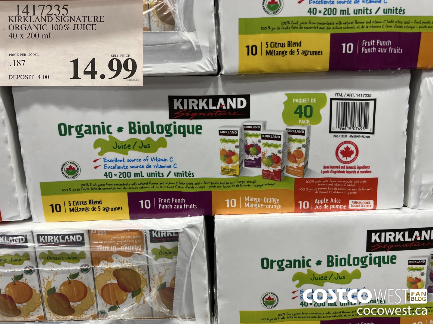1417235 KIRKLAND SIGNATURE ORGANIC 100% JUICE 40 X 200 ML $14.99