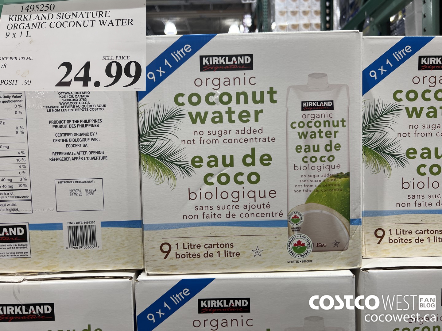 1495250 KIRKLAND SIGNATURE ORGANIC COCONUT WATER 9 X 1L $24.99