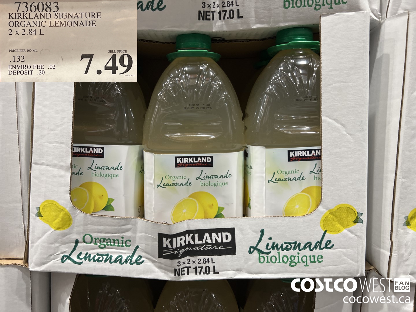 736083 KIRKLAND SIGNATURE ORGANIC LEMONADE 2 X 2.84 L $7.49