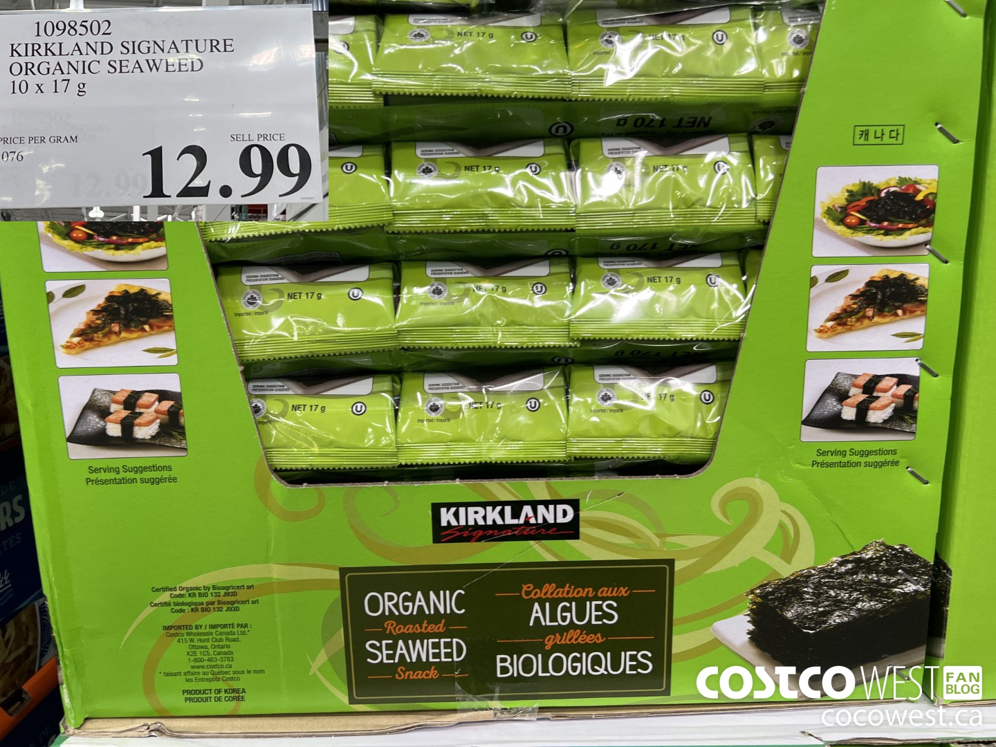 1098502 KIRKLAND SIGNATURE ORGANIC SEAWEED 10 X 17G $12.99