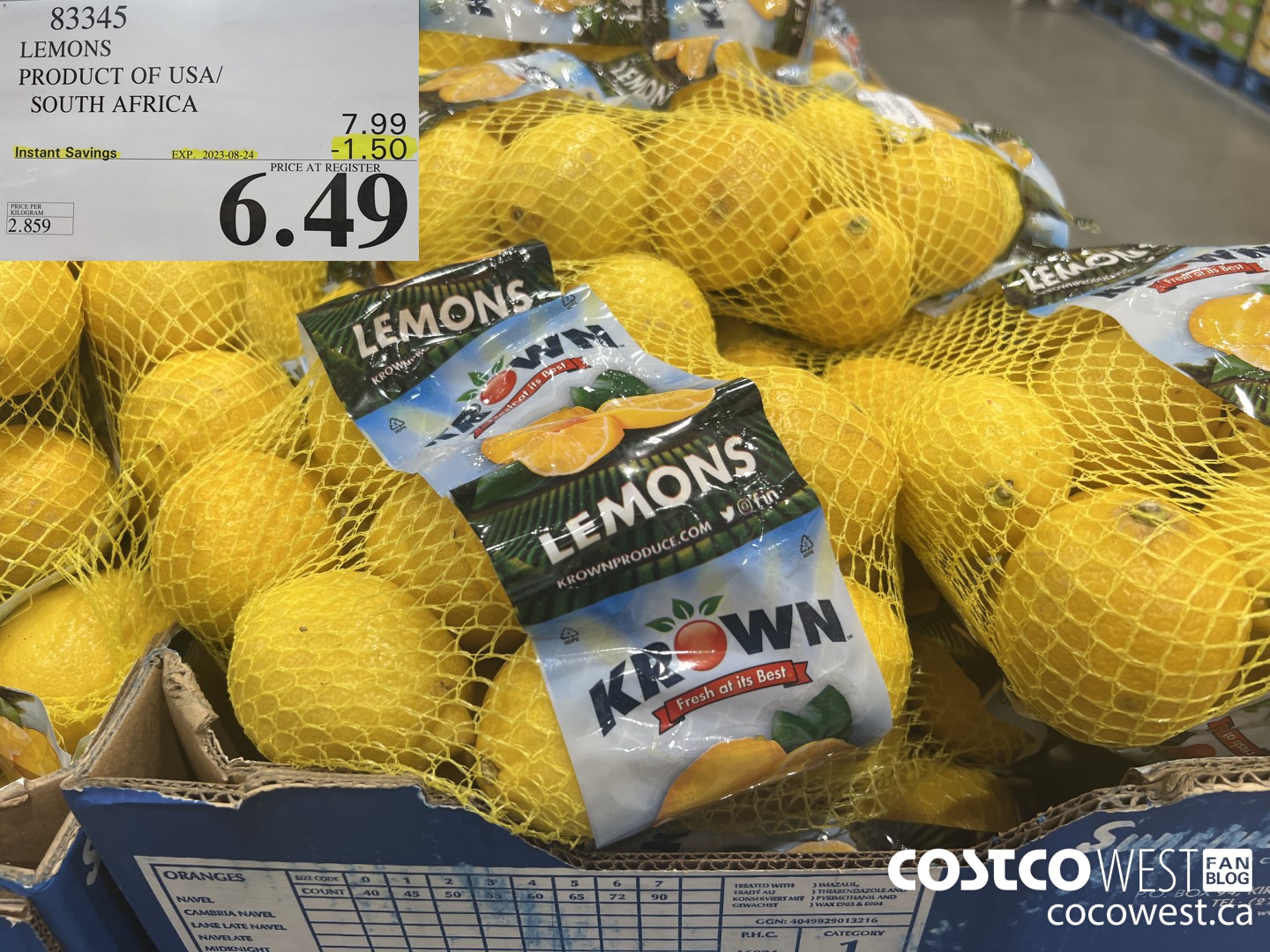 83345 LEMONS PRODUCT OF USA SOUTH AFRICA ($1.50 INSTANT SAVINGS EXPIRES ON 2023-08-24) $6.49