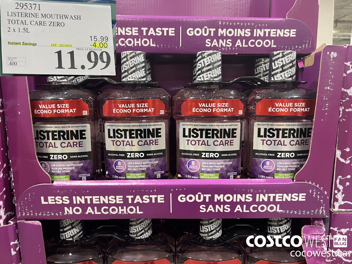 295371 LISTERINE MOUTHWASH TOTAL CARE ZERO 2 X 1.5L ($4.00 INSTANT SAVINGS EXPIRES ON 2023-09-03) $11.99