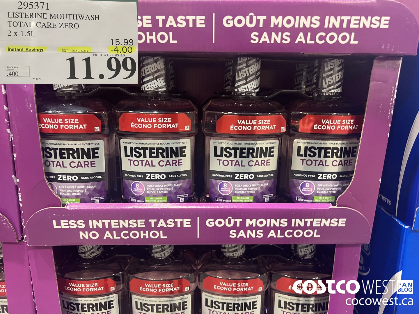 295371 LISTERINE MOUTHWASH TOTAL CARE ZERO 2 X 1.5L ($4.00 INSTANT SAVINGS EXPIRES ON 2023-09-03) $11.99